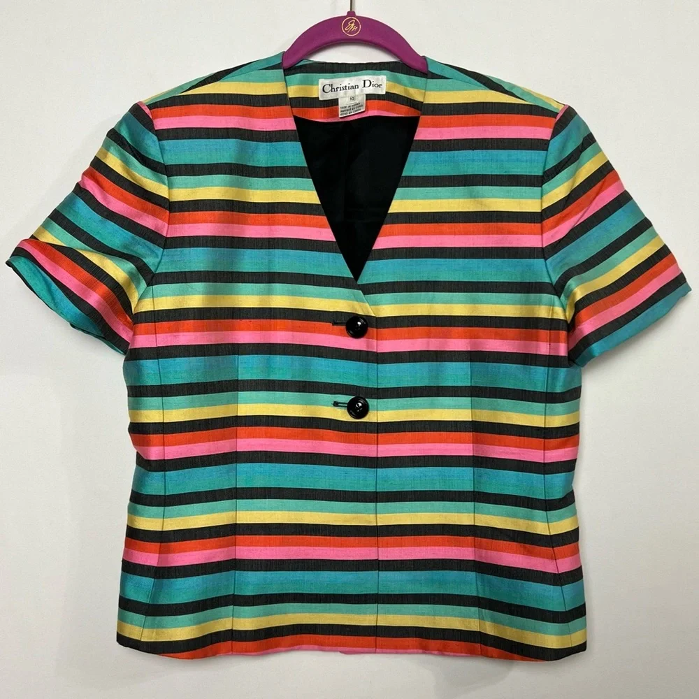Vintage 1990s Christian Dior Colorful Stripe Two Button Silk Jacket US 10